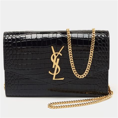 Saint Laurent Uptown Croc Embossed Leather Chain Wallet.